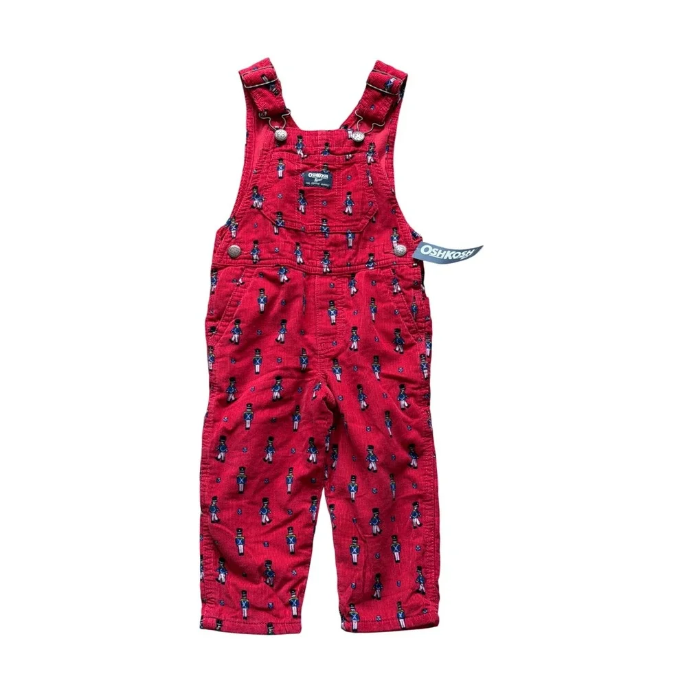 OshKosh B'gosh Corduroy Overalls Kids 2T Red Nutcracker Green Colorblock Bundle